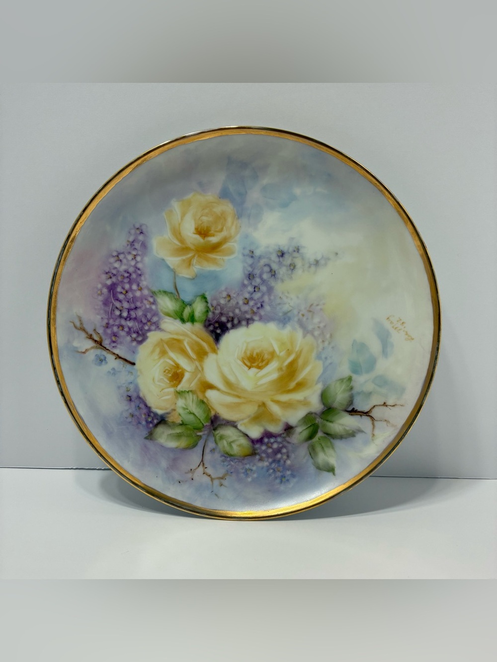 Antique Hand Painted Porcelain Plate Lula May 1882 Yellow Roses Lilacs Gilt Rim